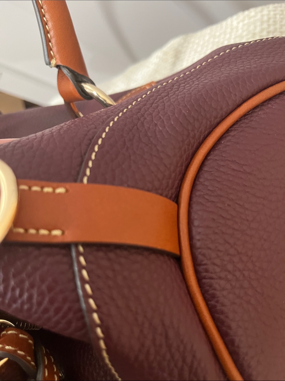 Dooney & Bourke  large Burgundy Pebble Leather Satchel with Tan Trim - Picture 13 of 16